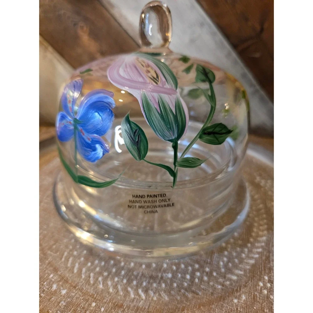 Hand Painted Floral Glass Butter Dish Domed Cloche Lid Clear 2 Piece Set Cottage